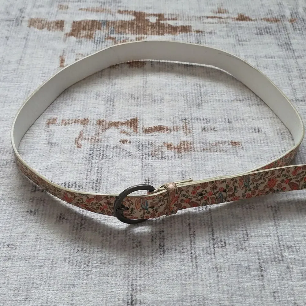 Vintage 90s Landes Floral Patterned Belt Womens L Boho Cottagecore Cream Blue